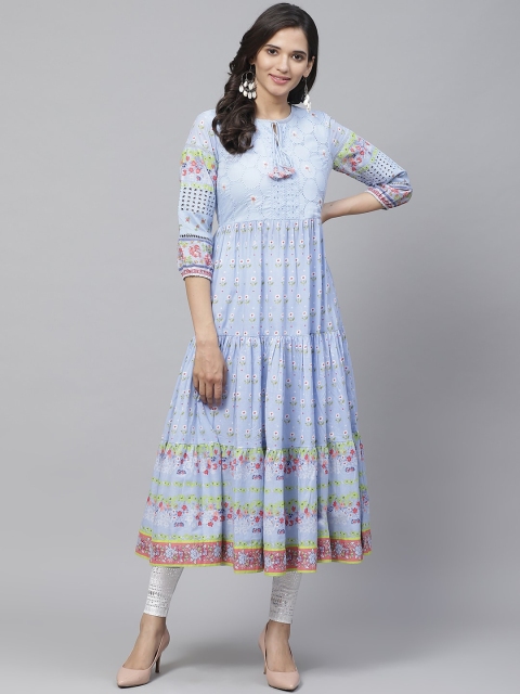 

Biba Women Blue & Pink Floral Printed Tiered Schiffli Embroidered A-Line Kurta