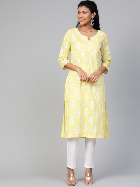 

Biba Women Yellow & White Printed Straight Kurta