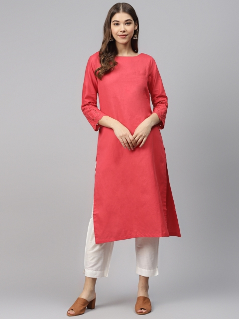 

Biba Women Coral Red Solid Straight Kurta