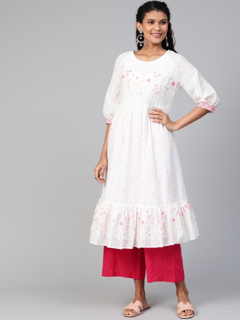 

Biba Women White & Pink Printed A-Line Kurta