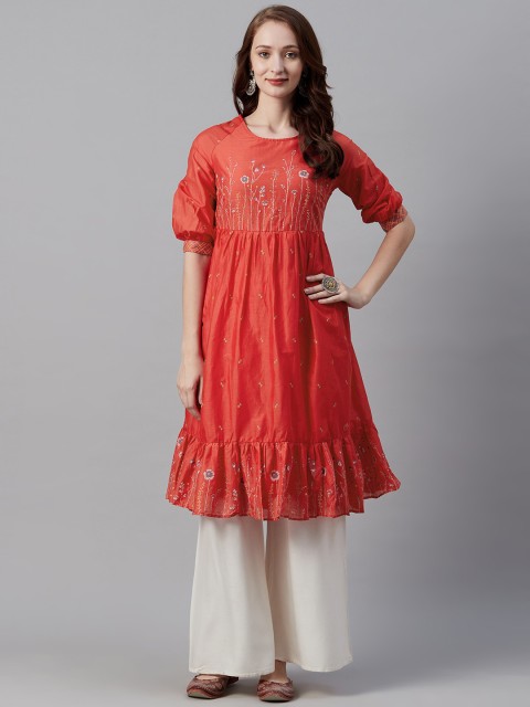 

Biba Women Red & Blue Floral Embroidered A-Line Kurta