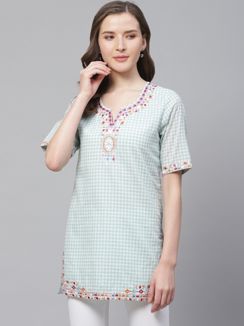 

Biba Women Green & White Checked Pure Cotton Straight Kurti
