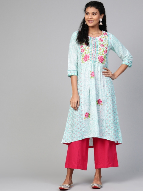 

Biba Women Blue & Pink Floral Print Yoke Design A-Line Kurta