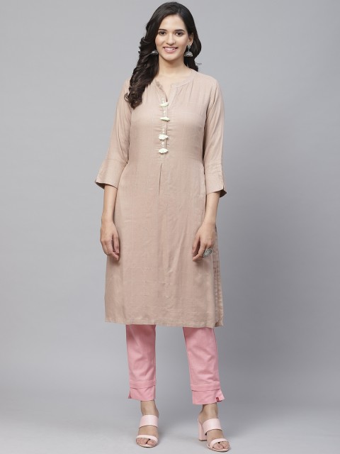 

Biba Women Beige & Silver Checked Straight Kurta