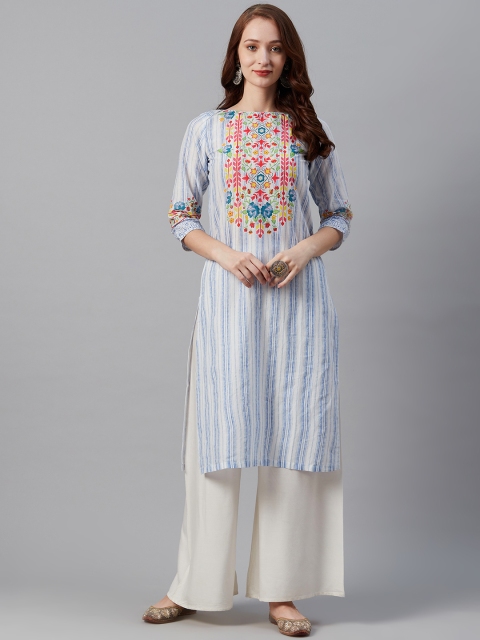 

Biba Women Blue & White Striped Cotton Straight Kurta with Ethnic Floral Print Detail