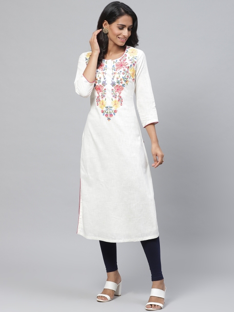 

Biba Women White & Pink Yoke Design Straight Kurta