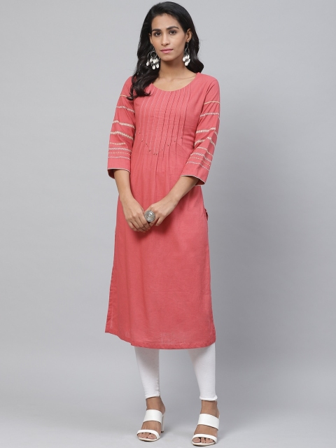 

Biba Women Coral Red Yoke Design Straight Kurta