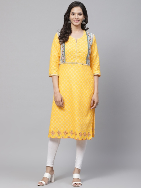 

Biba Women Yellow & White Printed Straight Kurta