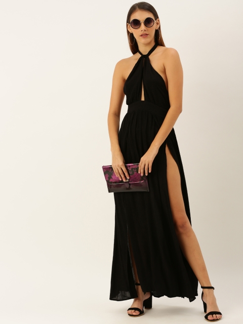 

FOREVER 21 Women Black Solid Maxi High Slit Party Dress with Gathers