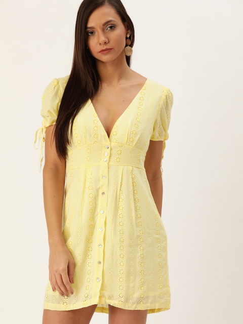 

FOREVER 21 Women Yellow Schiffli Embroidered A-Line Dress