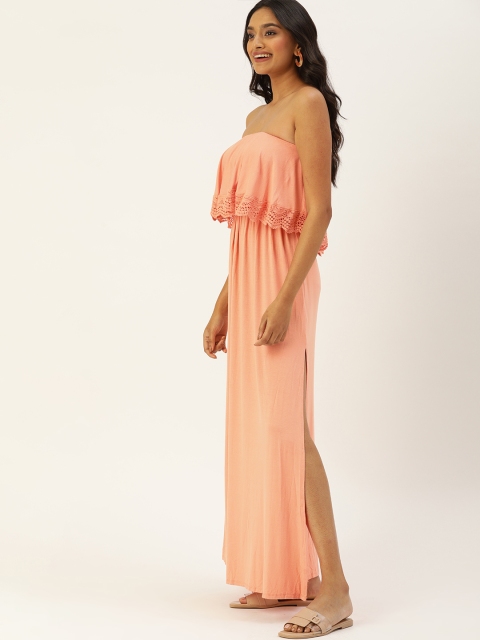 

FOREVER 21 Women Pink Solid Off-Shoulder Maxi Dress With Lace Inserts