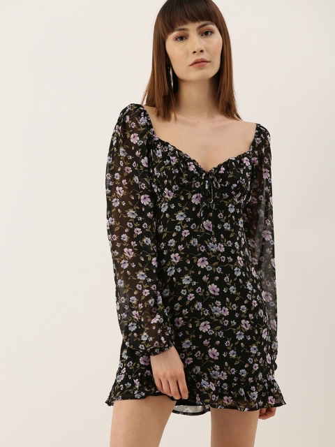 

FOREVER 21 Black & Lavender Floral A-Line Mini Dress
