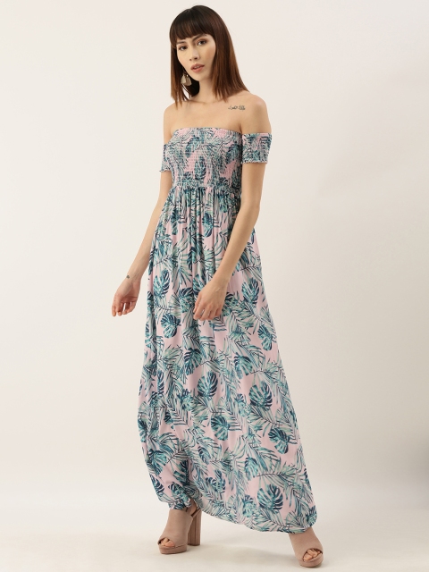 

FOREVER 21 Women Pink & Blue Tropical Print Off-Shoulder Maxi Dress With Smock Detai