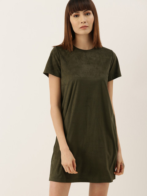 

FOREVER 21 Women Olive Green Solid Velvet -shirt Dress