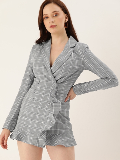 

FOREVER 21 Women Grey & White Checked Wrap Dress
