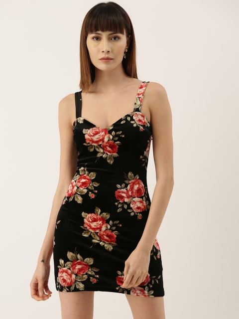 

FOREVER 21 Black & Red Floral Velvet Bodycon Mini Dress