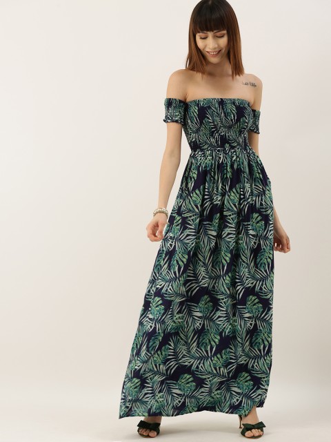 

FOREVER 21 Women Navy Blue & Green Tropical Print Off-Shoulder Maxi Dress