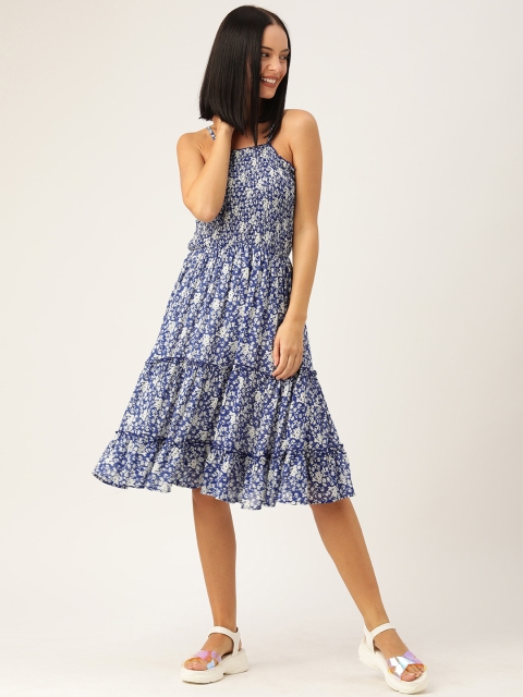 

Antheaa Women Blue & White Floral Printed Smocked Fit and Flare Dress
