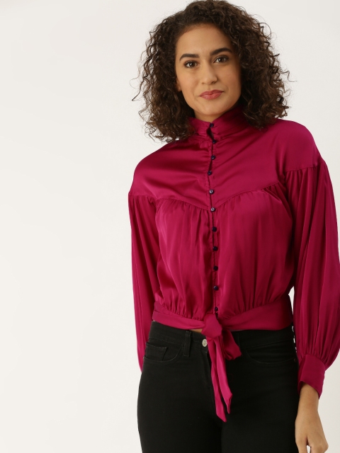 

Antheaa Women Fuchsia Solid Victorian Top With Bishop Sleeves & Tie-Ups