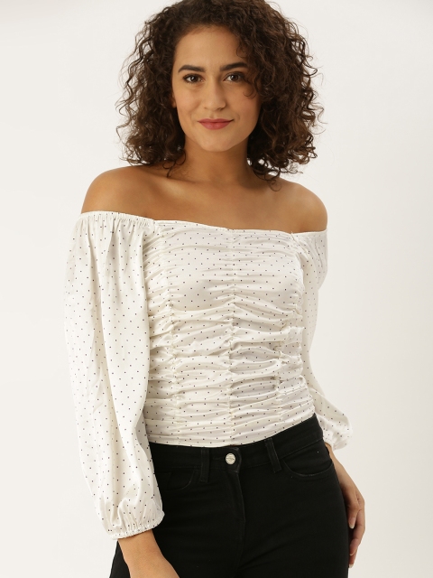 

Antheaa Women White Solid Smocked Bardot Top, Cream