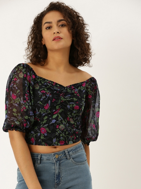 

Antheaa Women Black & Green Printed Crop Top With Sweetheart Neck