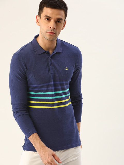 

United Colors of Benetton Men Navy Blue Striped Polo Collar T-shirt
