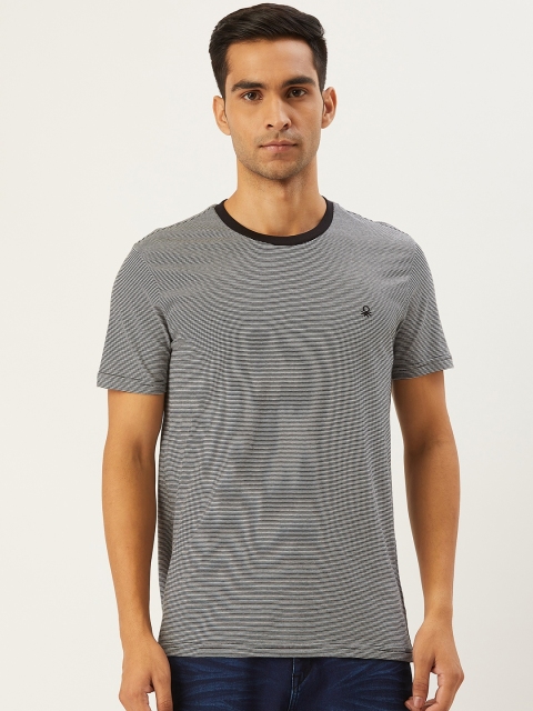 

United Colors of Benetton Men Black & White Striped Pure Cotton T-shirt