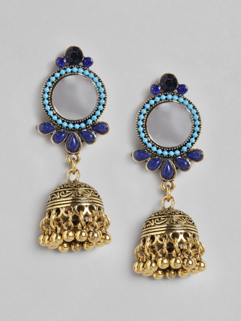 

Anouk Gold-Toned & Blue Stone Studded Dome Shaped Mirrored Jhumkas