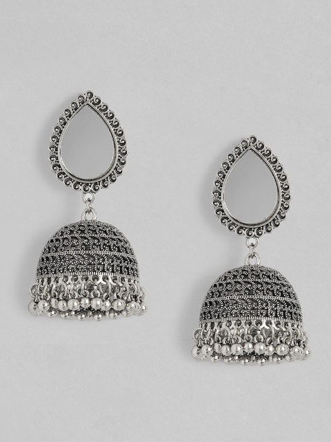 

Anouk Silver-Toned Oxidised Dome Shaped Mirrored Jhumkas