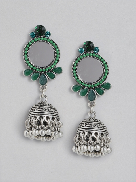 

Anouk Silver-Toned & Green Stone Studded Dome Shaped Mirrored Jhumkas