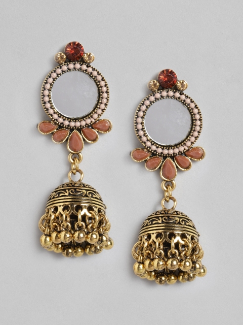 

Anouk Gold-Toned & Beige Stone Studded Dome Shaped Mirrored Jhumkas