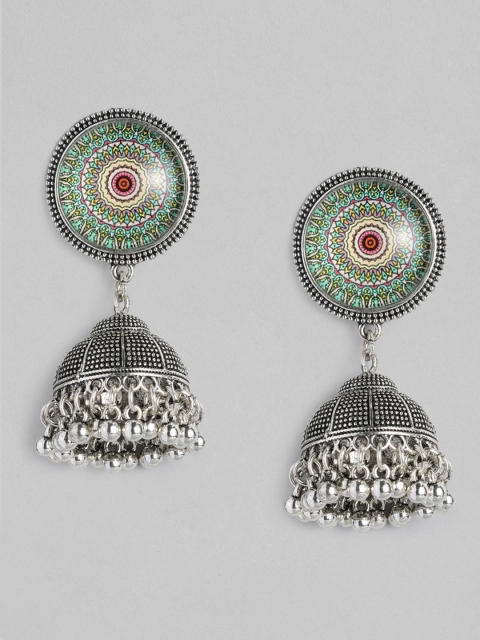 

Anouk Silver-Toned & Green Dome Shaped Oxidised Jhumkas