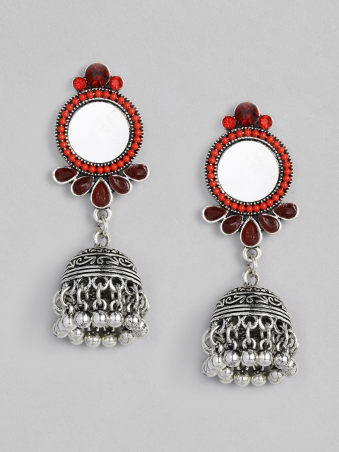 

Anouk Silver-Toned & Red Dome Shaped Mirror Jhumkas