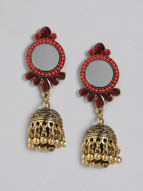 

Anouk Gold-Toned & Red Stone Studded Dome Shaped Mirrored Jhumkas