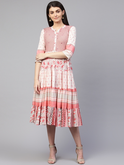 

PINKSKY Women Off-White & Pink Printed Tiered A-Line Dress