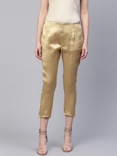 

PINKSKY Women Golden Smart Slim Fit Solid Cigarette Trousers, Gold