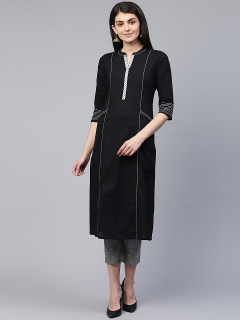 

PINKSKY Women Black & White Solid Kurta with Checked Trousers
