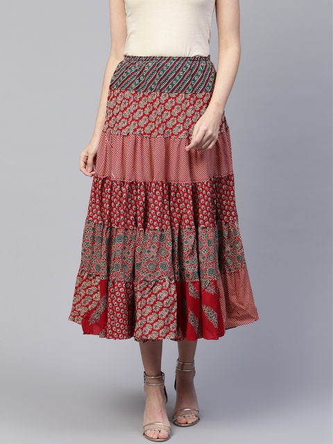 

PINKSKY Women Rust Red & Off-White Bohemian Printed Tiered A-Line Skirt