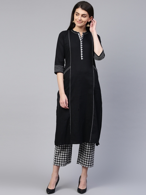 

PINKSKY Women Black & White Solid Kurta with Trousers