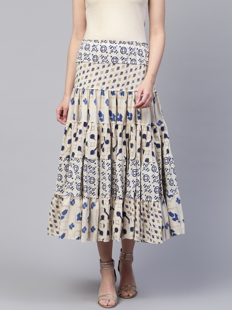 

PINKSKY Women Off-White & Navy Blue Printed Tiered Maxi Skirt