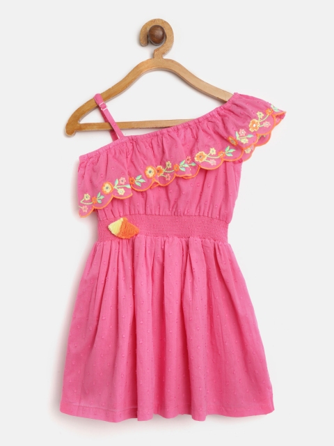 

Nauti Nati Girls Pink Self-Design One-Shoulder Fit & Flare Dress