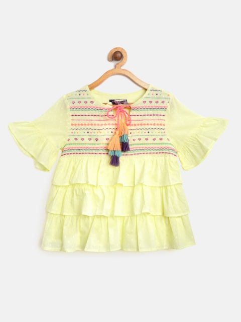 

Nauti Nati Girls Yellow & Pink Embroidered Tiered Pure Cotton Top