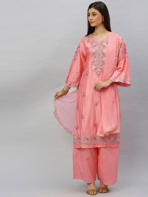 

Ishin Women Pink Embroidered Kurta with Palazzos & Dupatta