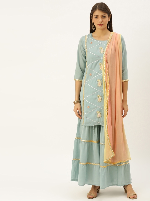 

Ishin Women Sea Green & Peach-Coloured Embroidered Kurti with Sharara & Dupatta