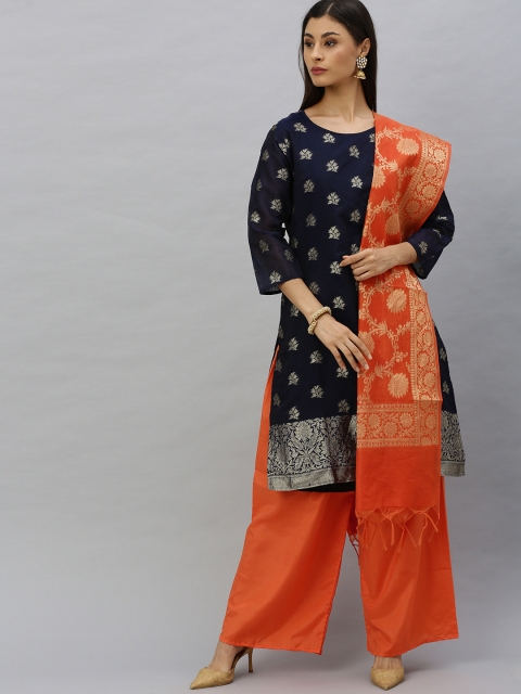 

Ishin Women Navy Blue & Orange Woven Design Kurta with Palazzos & Dupatta