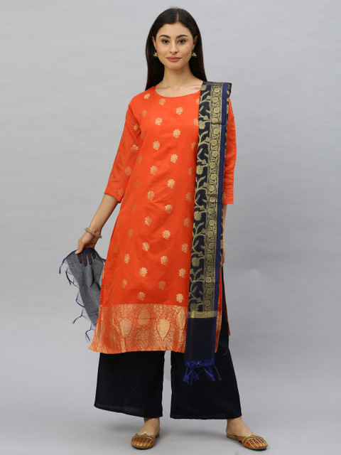 

Ishin Women Orange & Navy Blue Woven Design Kurta with Palazzos & Dupatta
