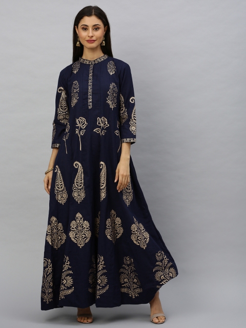 

Ishin Women Navy Blue & Gold-Toned Foil Printed A-Line Ankle Length Kurta