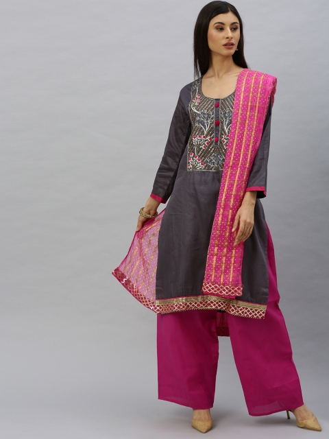 

Ishin Women Grey & Pink Yoke Design Kurta with Palazzos & Dupatta