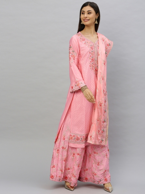 

Ishin Women Pink Embroidered Kurta with Palazzos & Dupatta