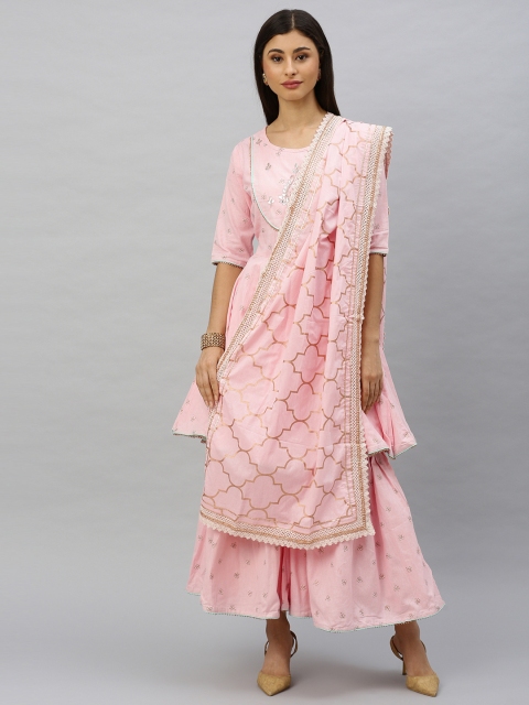 

Ishin Women Pink Foil Printed Kurti with Sharara & Dupatta